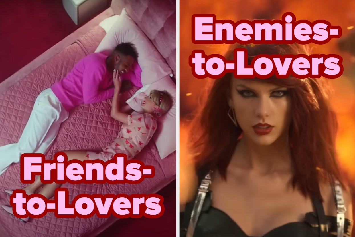 Split image: Left shows Taylor Swift and an actor lying on a bed in "Lovers" music video, captioned "Friends-to-Lovers." Right shows Taylor with bold makeup, captioned "Enemies-to-Lovers" in "Bad Blood" music video
