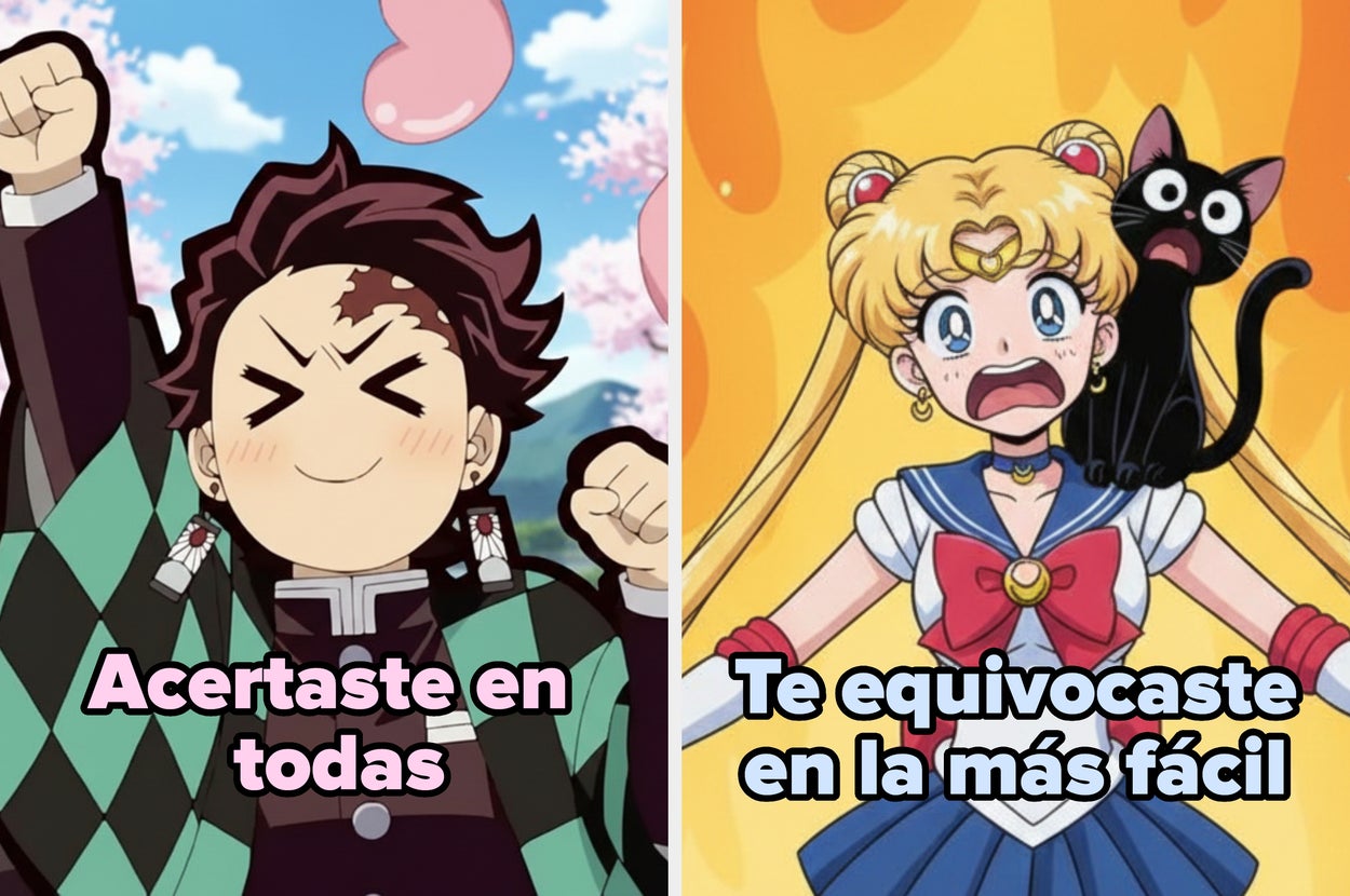Anime characters reacting: Left, character is excited with fists up, text reads "Acertaste en todas." Right, character looks shocked with cat, text reads "Te equivocaste en la más fácil."