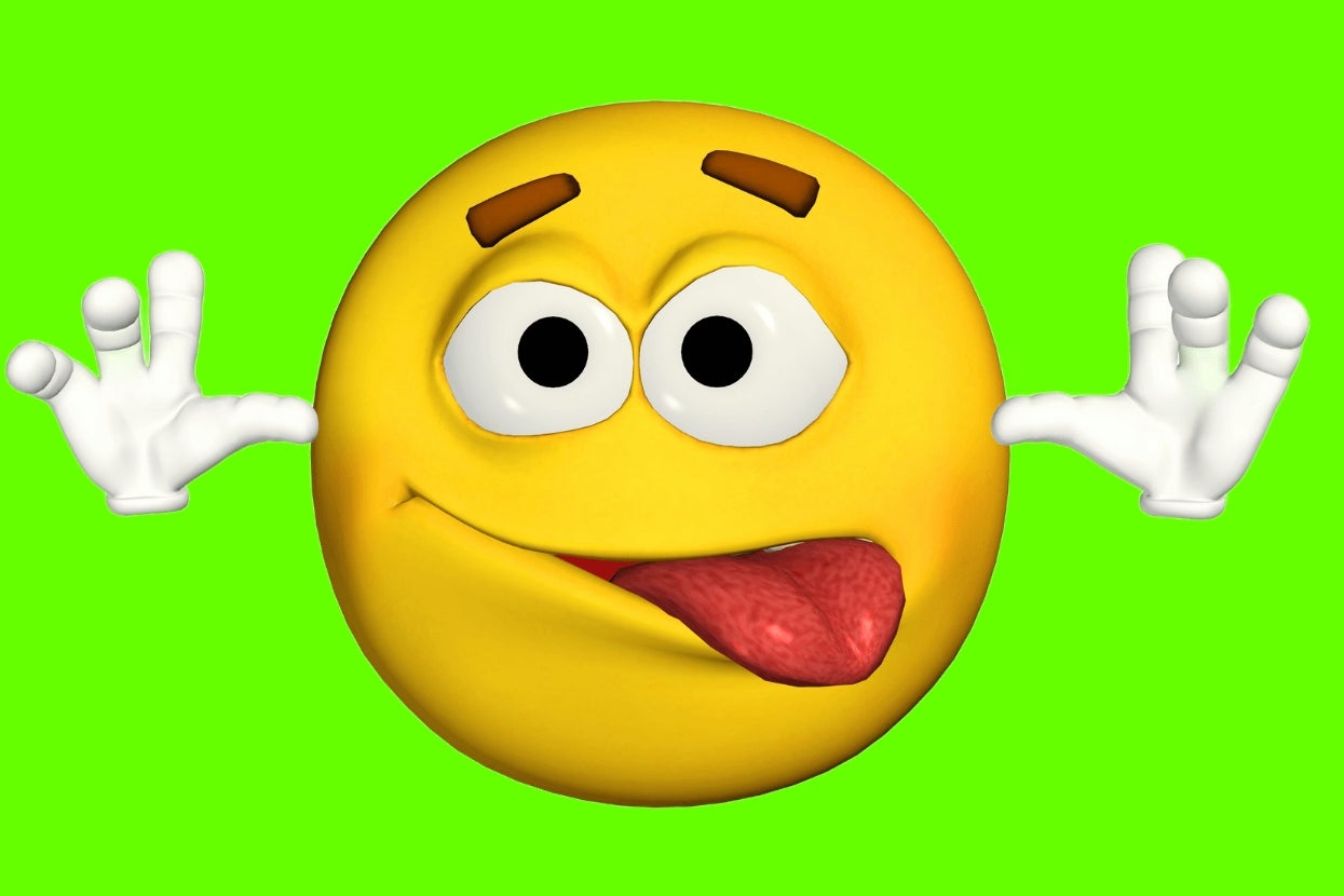 A playful cartoon emoji with eyes wide open and tongue out, holding up both hands in a friendly gesture