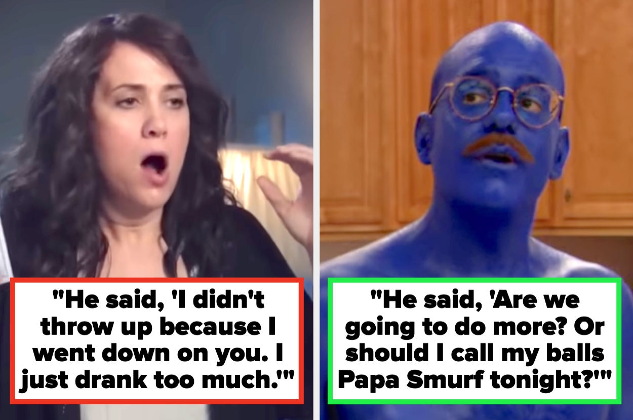 Woman shocked; man painted blue with red glasses and mustache. Both have humorous quotes in text bubbles