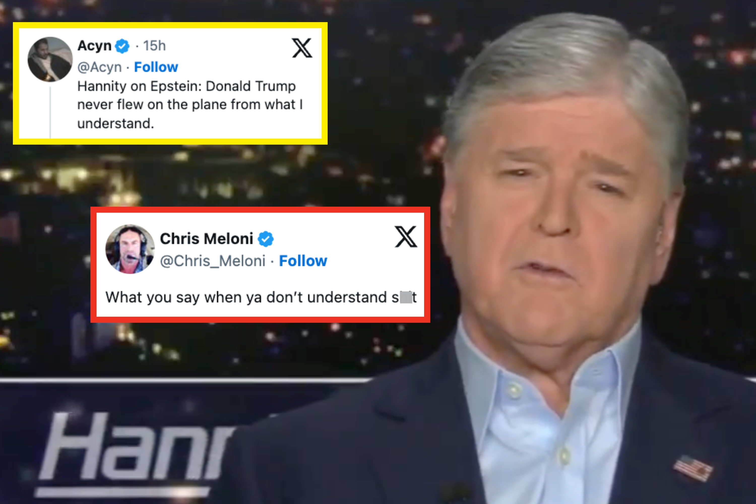 Split-screen showing an individual speaking and a tweet stating "Hannity on Epstein: Donald Trump never flew on the plane from what I understand." A reply notes, "Literally on the flight logs, by the way."