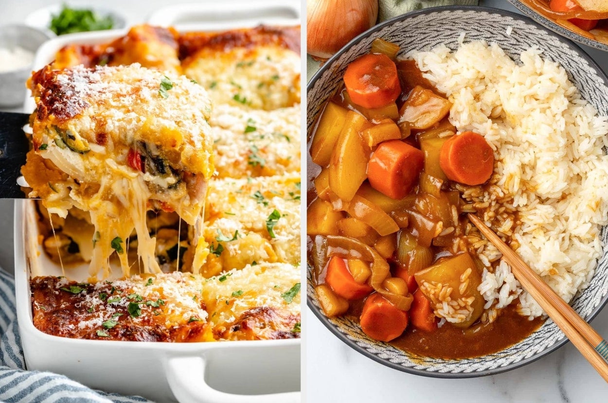 A dish of cheesy lasagna on the left next to a bowl of curry with rice and vegetables on the right