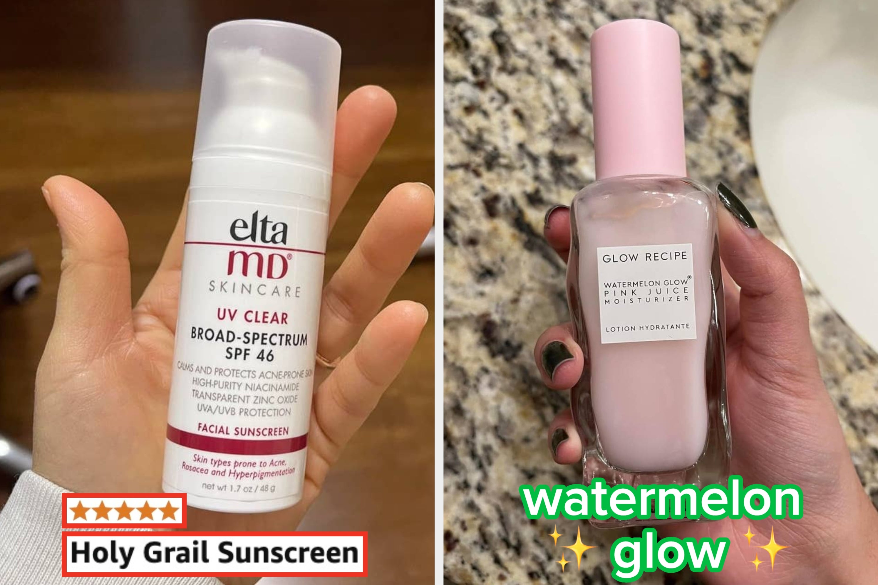 Two skincare products are held, EltaMD SPF 46 labeled "Holy Grail Sunscreen," and Glow Recipe Watermelon Glow, described as "hydrating."