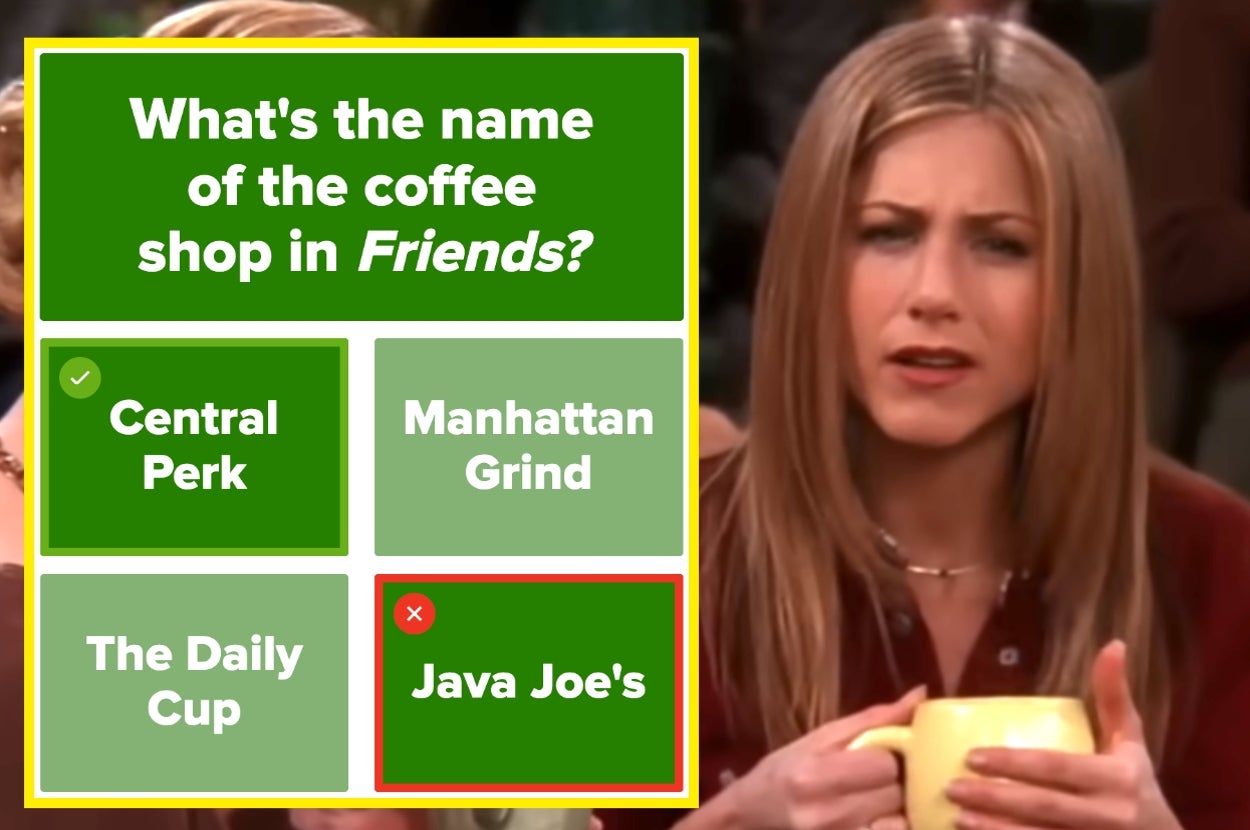 Quiz question about the coffee shop name in "Friends," with options. Correct answer: Central Perk. Scene shows a woman holding a mug