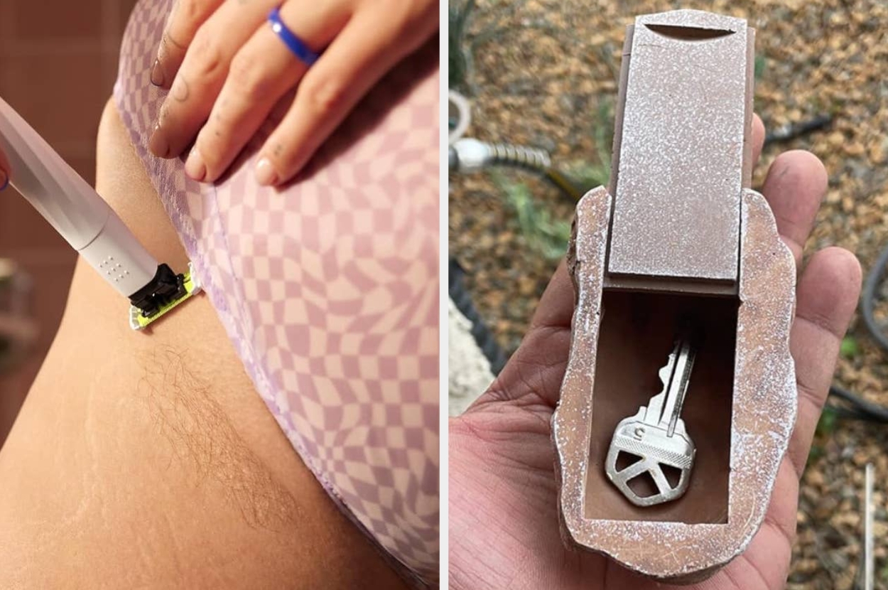 Close-up of a person shaving their leg with an electric razor; beside it, a rock-shaped key holder concealing a key
