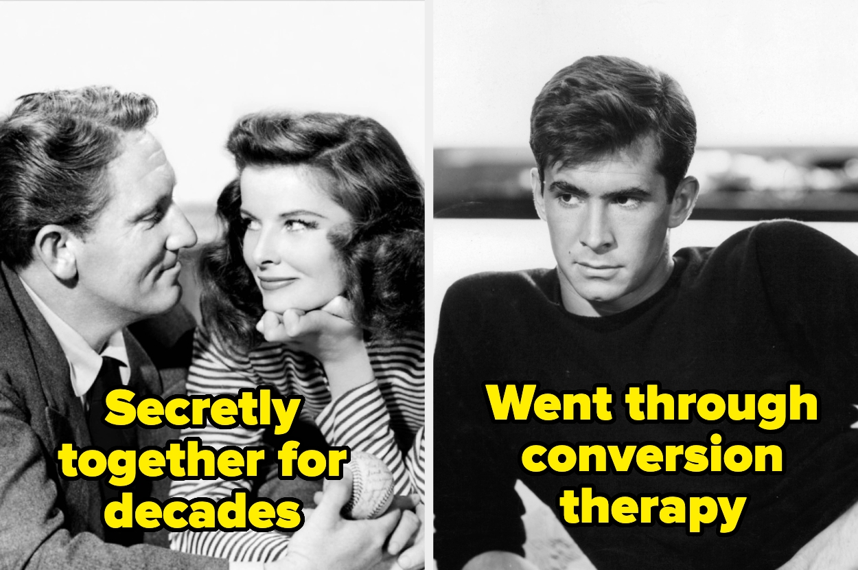 Two vintage photos: Left shows a couple with "Secretly together for decades." Right shows a man with "Went through conversion therapy."