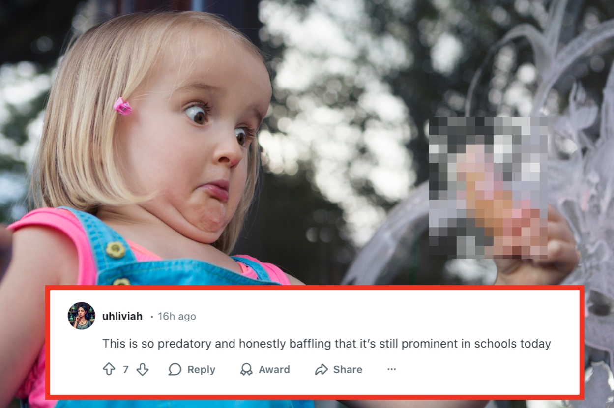 A child in overalls looks shocked at a blurred image. The text reads: "This is so predatory and honestly baffling that it's still prominent in schools today."