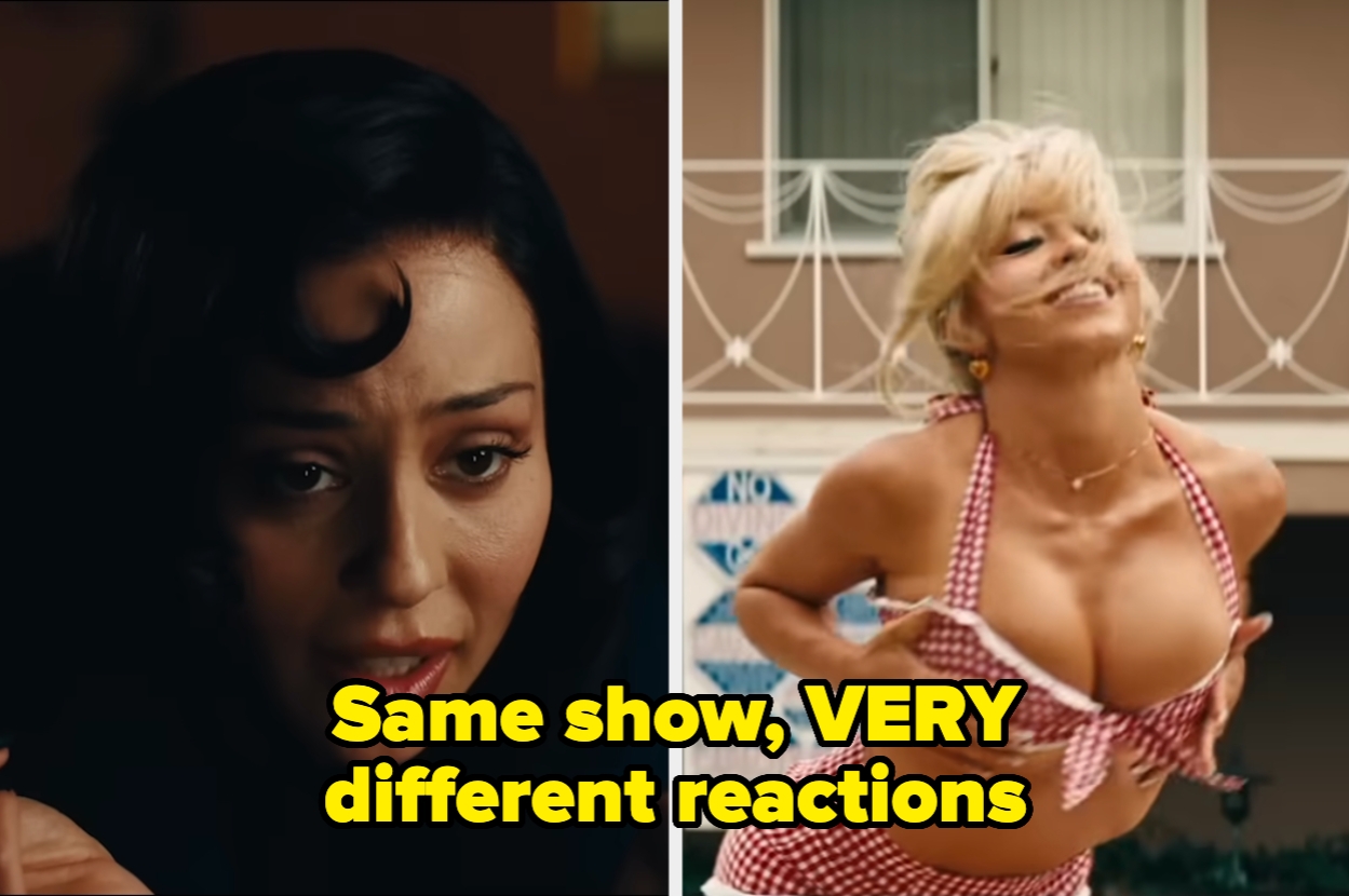 Split image: Left shows a woman with a concerned look; right shows another woman energetically posing. Text: "Same show, VERY different reactions."