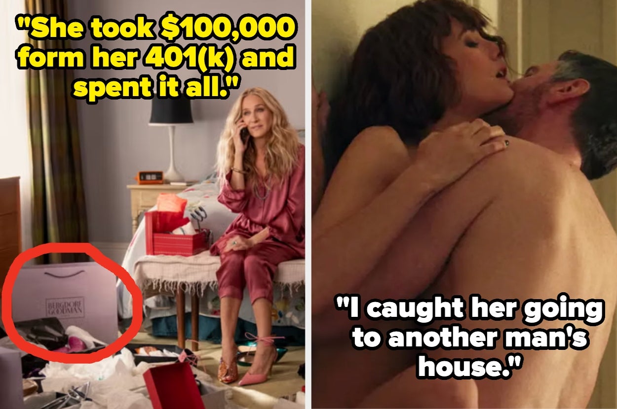 Left: Woman in a robe sits on a bed with highlighted text about taking $100,000 from a 401(k). Right: Couple kissing, with highlighted text about infidelity