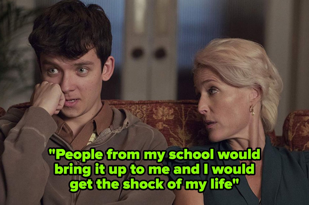 Two people sit on a couch; a young man bites his nails, looking surprised. A woman beside him speaks. Text reads: "People from my school would bring it up..."