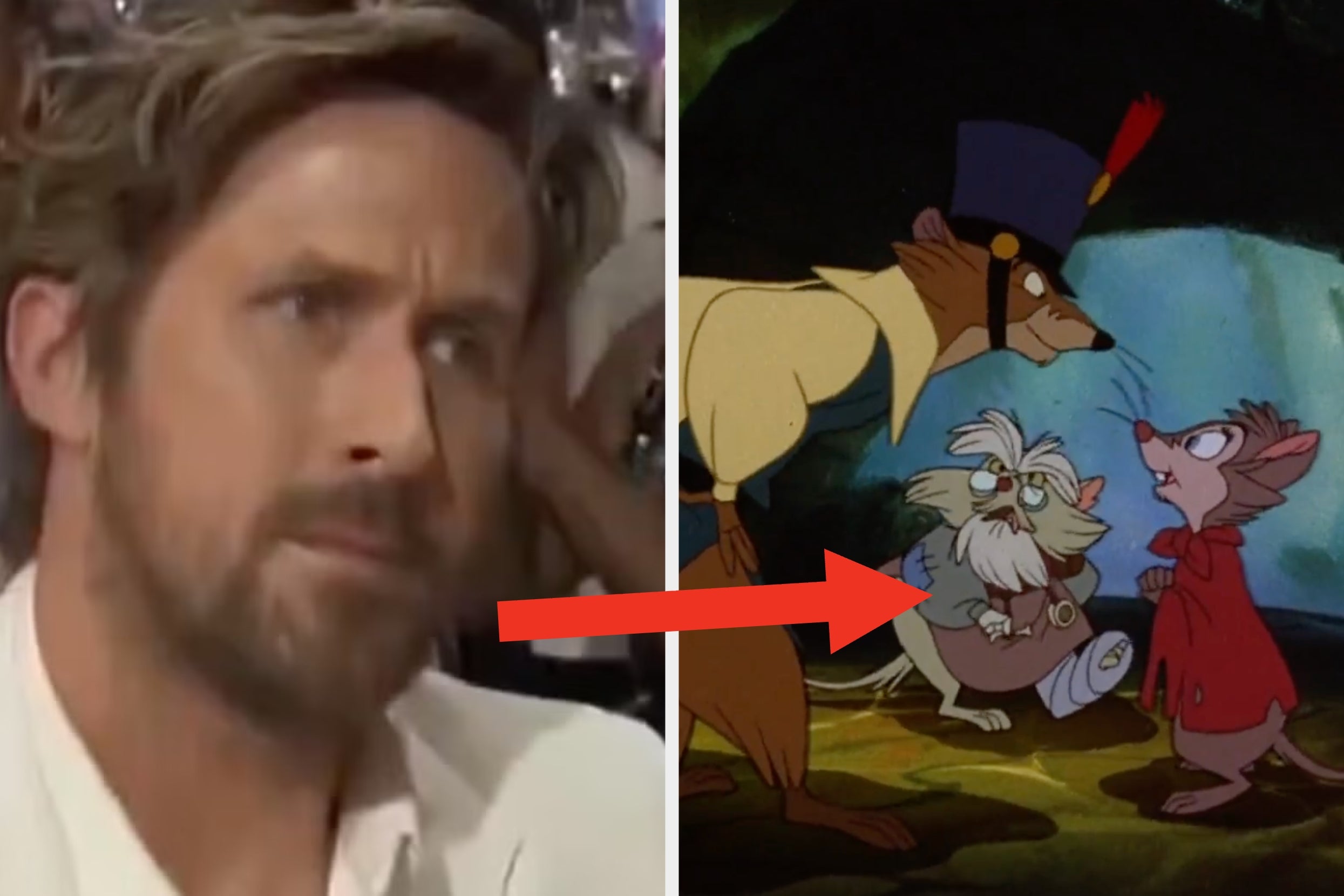 Left: A man in a suit with a serious expression. Right: Animated animals in historical attire; one wears a robe, another a cloak, and a third a uniform