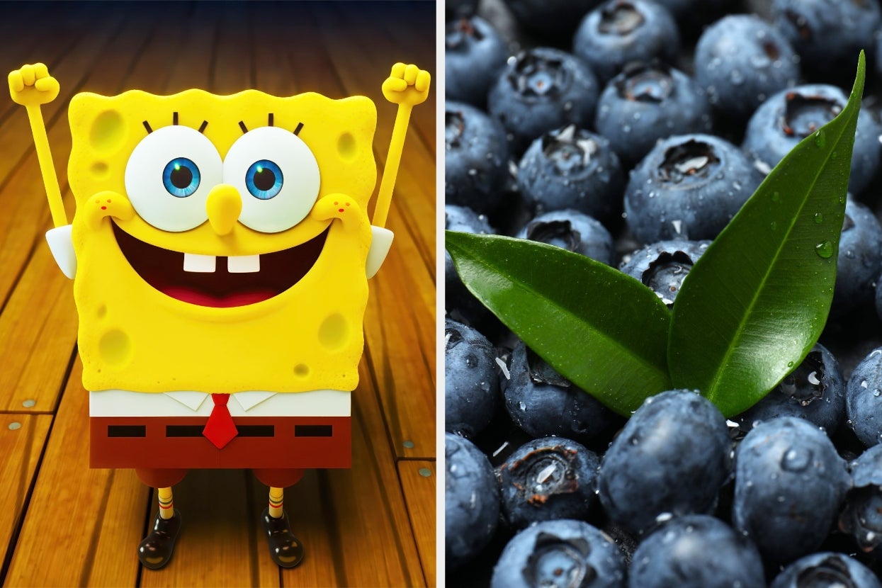 Cartoon character with arms raised excitedly next to close-up of blueberries with leaves