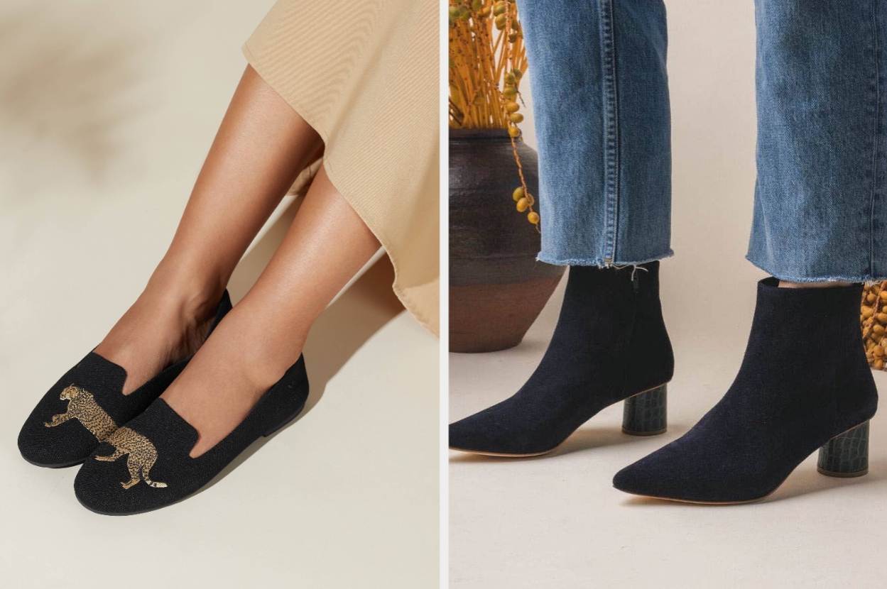 Left: Person wearing embroidered loafers; right: Person in jeans wearing black ankle boots with block heels