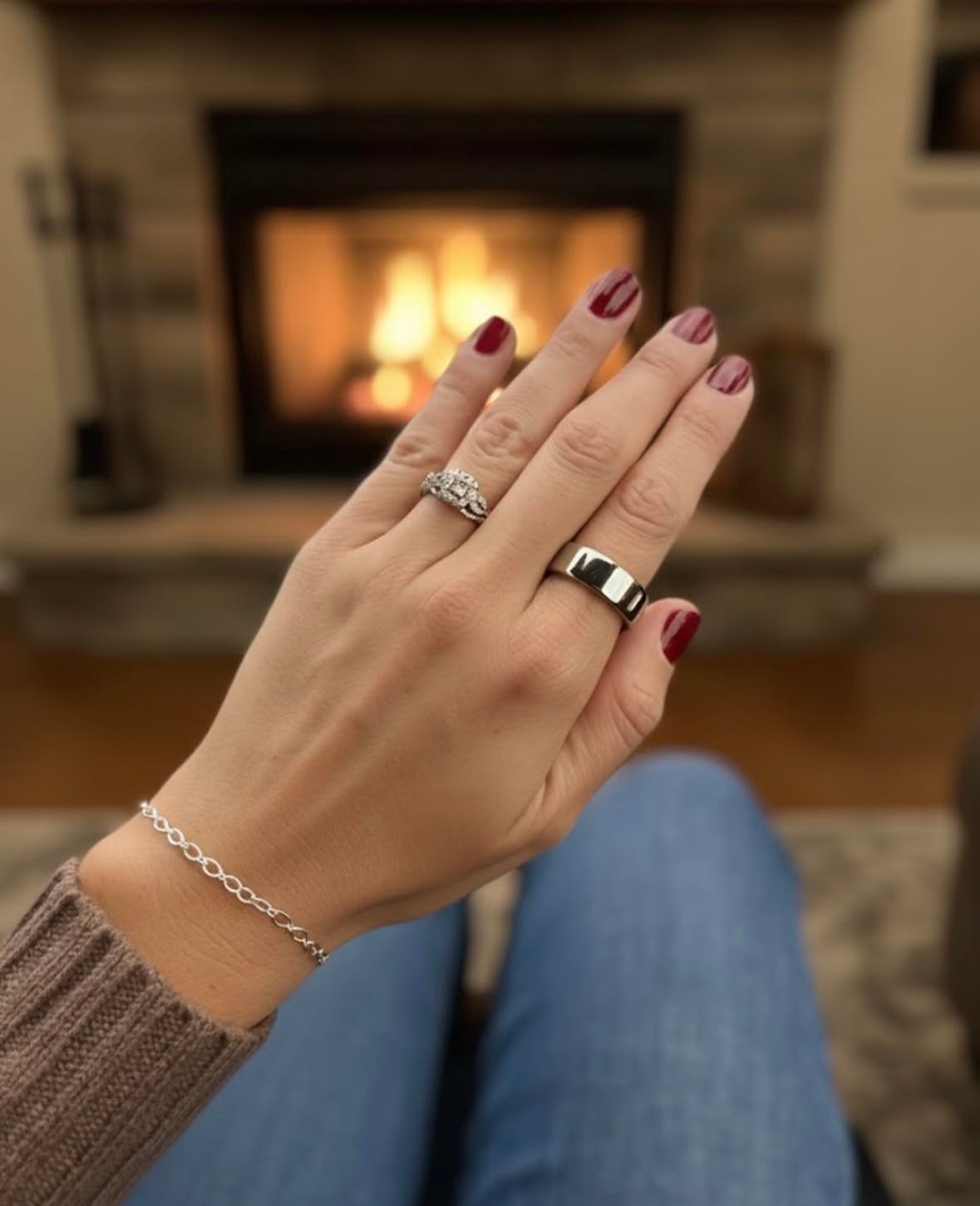 Close-up of a manus  with 2  rings, 1  metallic  with a gem and 1  achromatic  and silver. The inheritance  shows a cozy fireplace successful  a surviving  room
