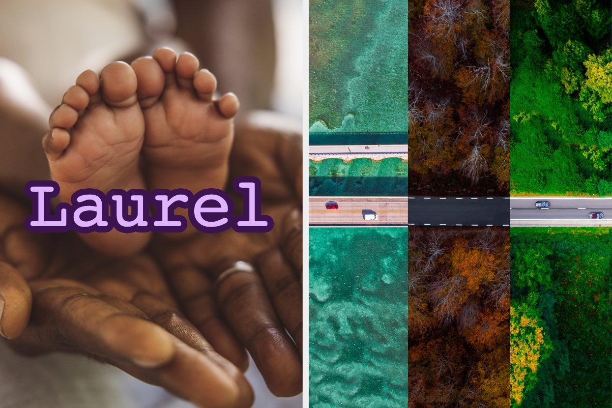 Baby feet held in a parent's hands on the left; aerial view of a road through seasonal landscapes on the right. Text: "Laurel."