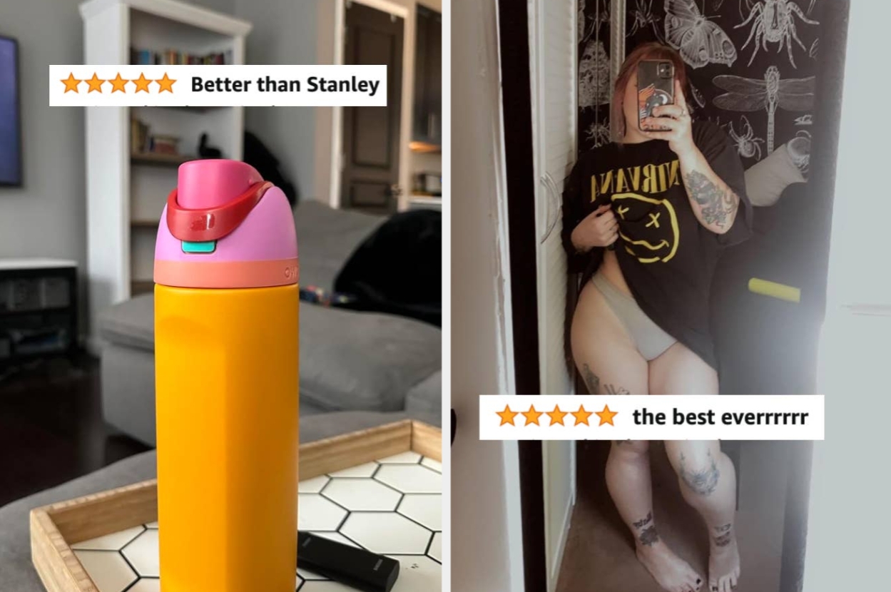 Two images: One of a yellow insulated bottle on a table; another of a person in a Nirvana shirt taking a mirror selfie. Both have positive star ratings