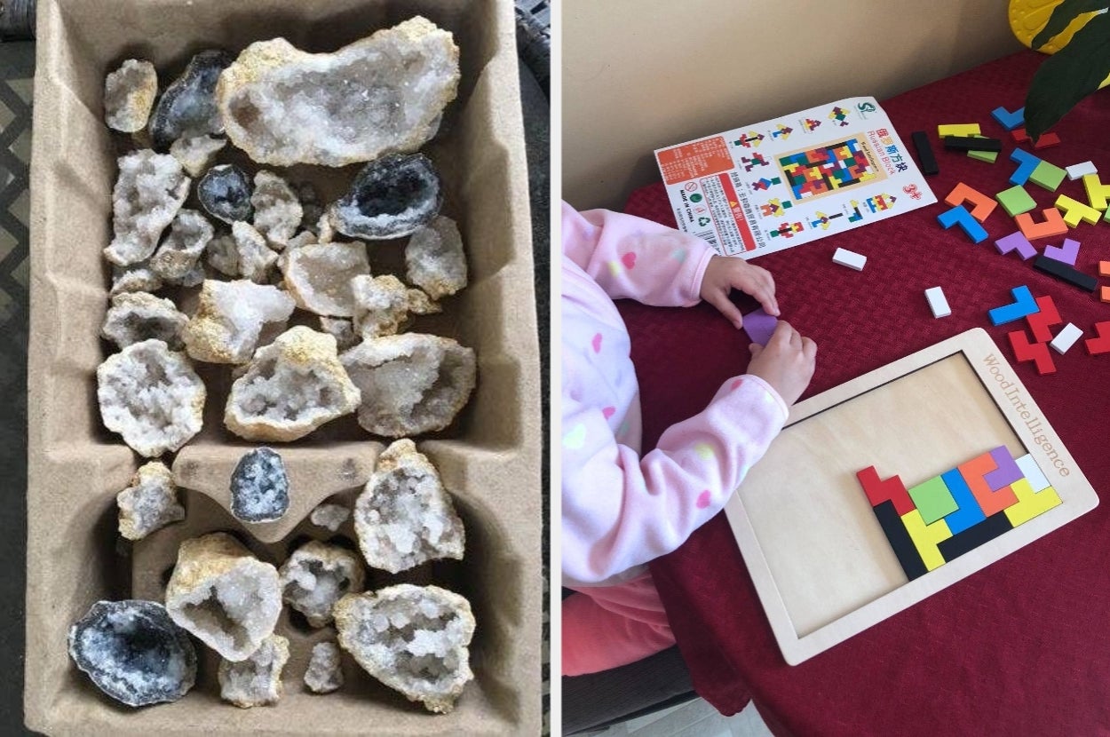 Box of geodes on left; child assembling colorful geometric puzzle on table on right