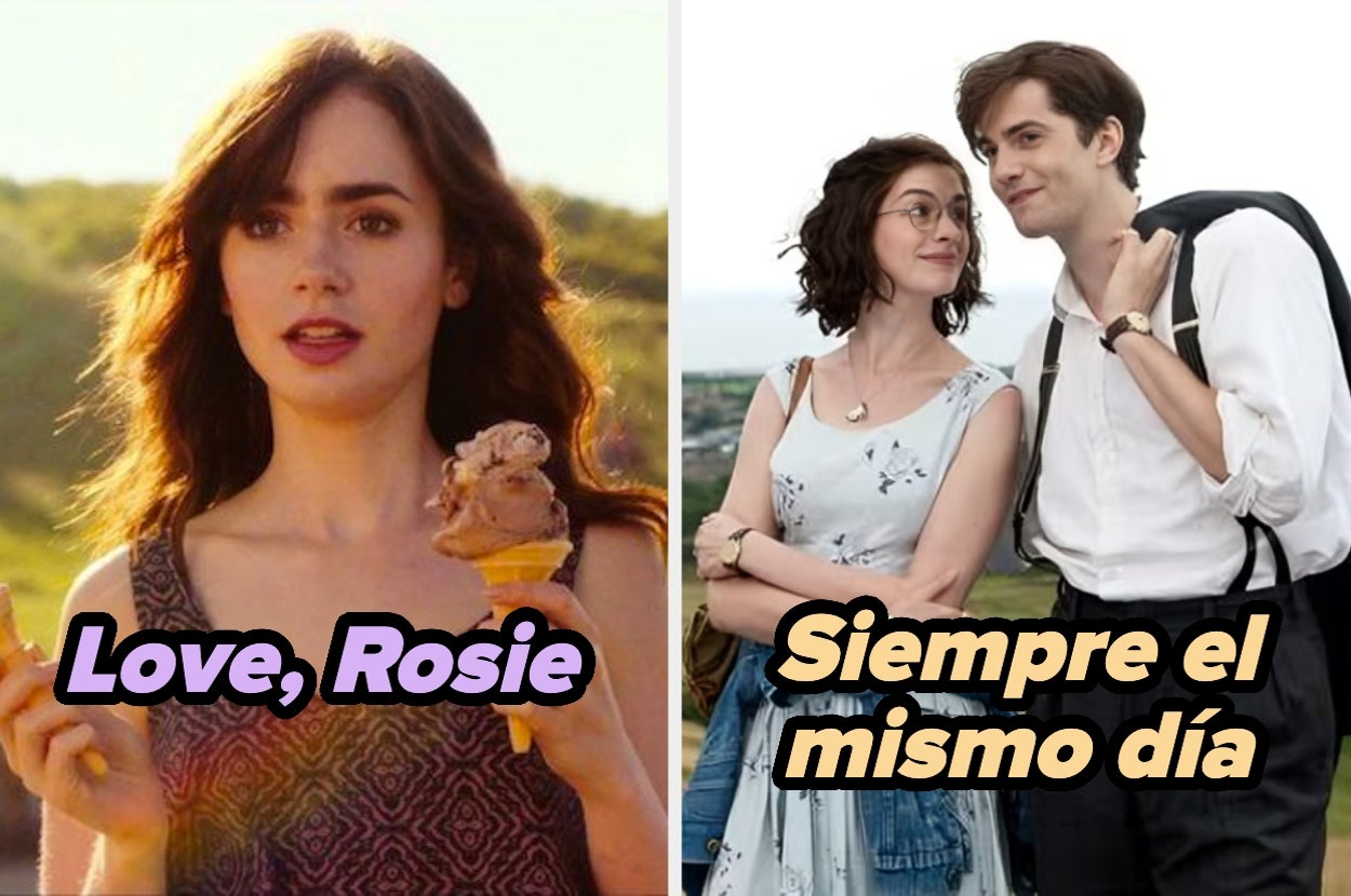 Montaje de películas: a la izquierda, "Love, Rosie" con una mujer sosteniendo helado; a la derecha, "Siempre el mismo día" con una pareja sonriendo