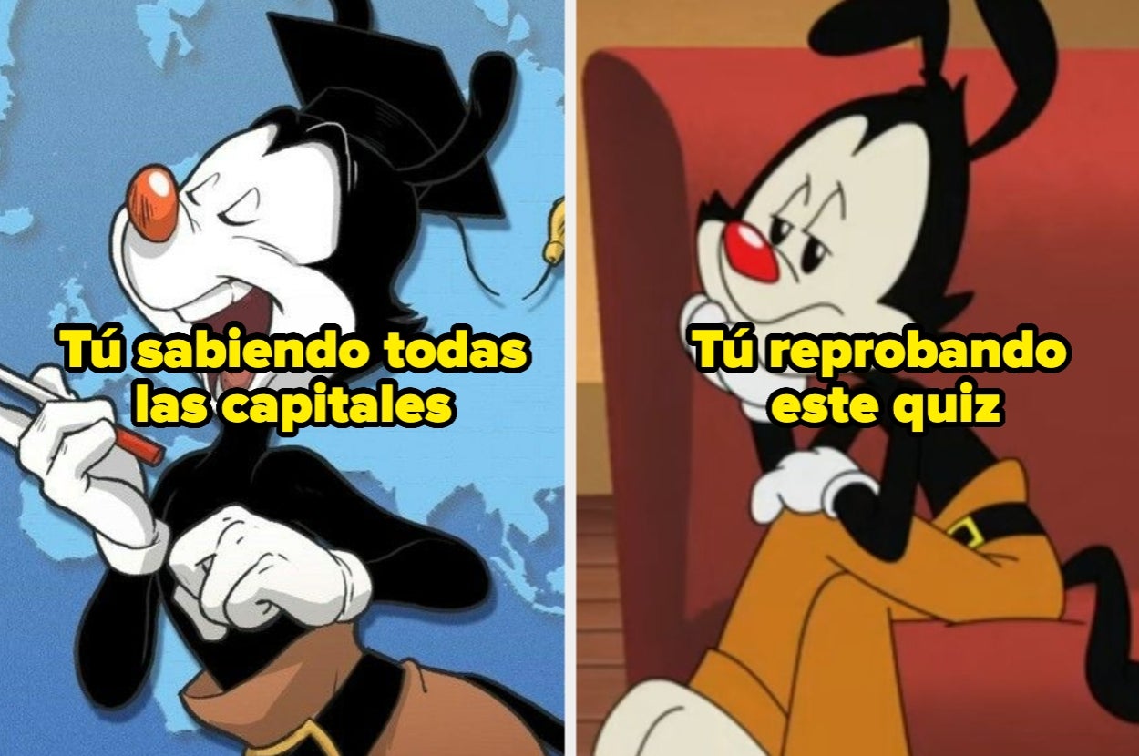 Dibujo animado en dos imágenes: una estudiando feliz y otra molesto. Texto: "Tú sabiendo todas las capitales" y "Tú reprobando este quiz"