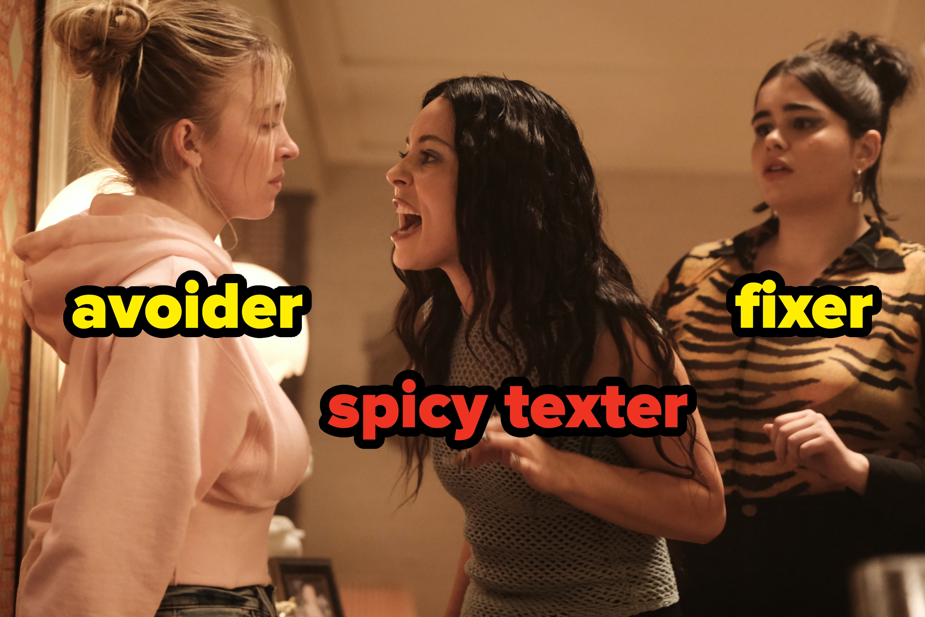 "Euphoria" argument scene: Cassie labeled as "avoider," Maddy labeled as "spicy texter," and Kat labeled as "fixer"