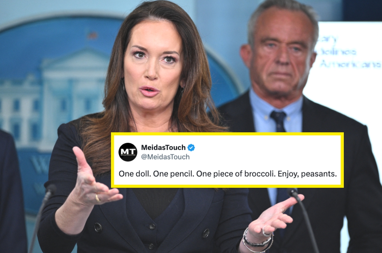 A woman gestures during a press briefing with a stern-faced man in the background. A highlighted tweet reads: "One doll. One pencil. One piece of broccoli. Enjoy, peasants."