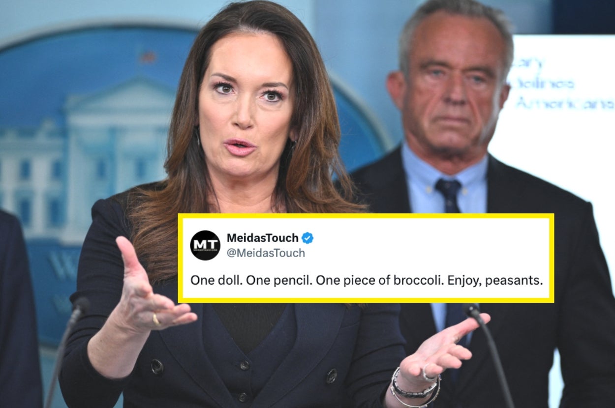 A woman gestures during a press briefing with a stern-faced man in the background. A highlighted tweet reads: "One doll. One pencil. One piece of broccoli. Enjoy, peasants."