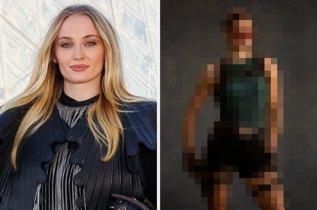 Person in stylish attire next to a blurred image of a character in action gear