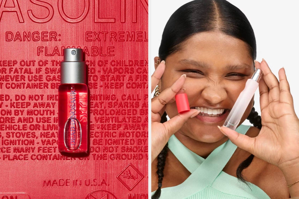 Model smiling, holding two small perfume bottles. Left image shows red bottle on embossed surface