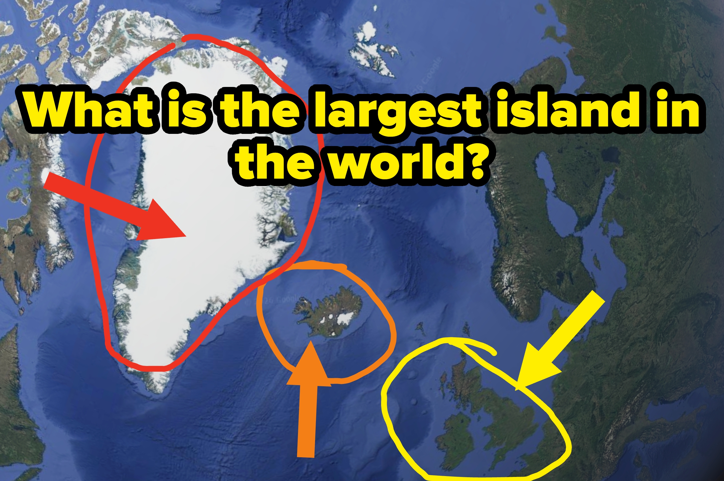 Map showing Greenland highlighted with text asking if it is the largest island in the world. Other islands, Iceland, and the UK are also circled