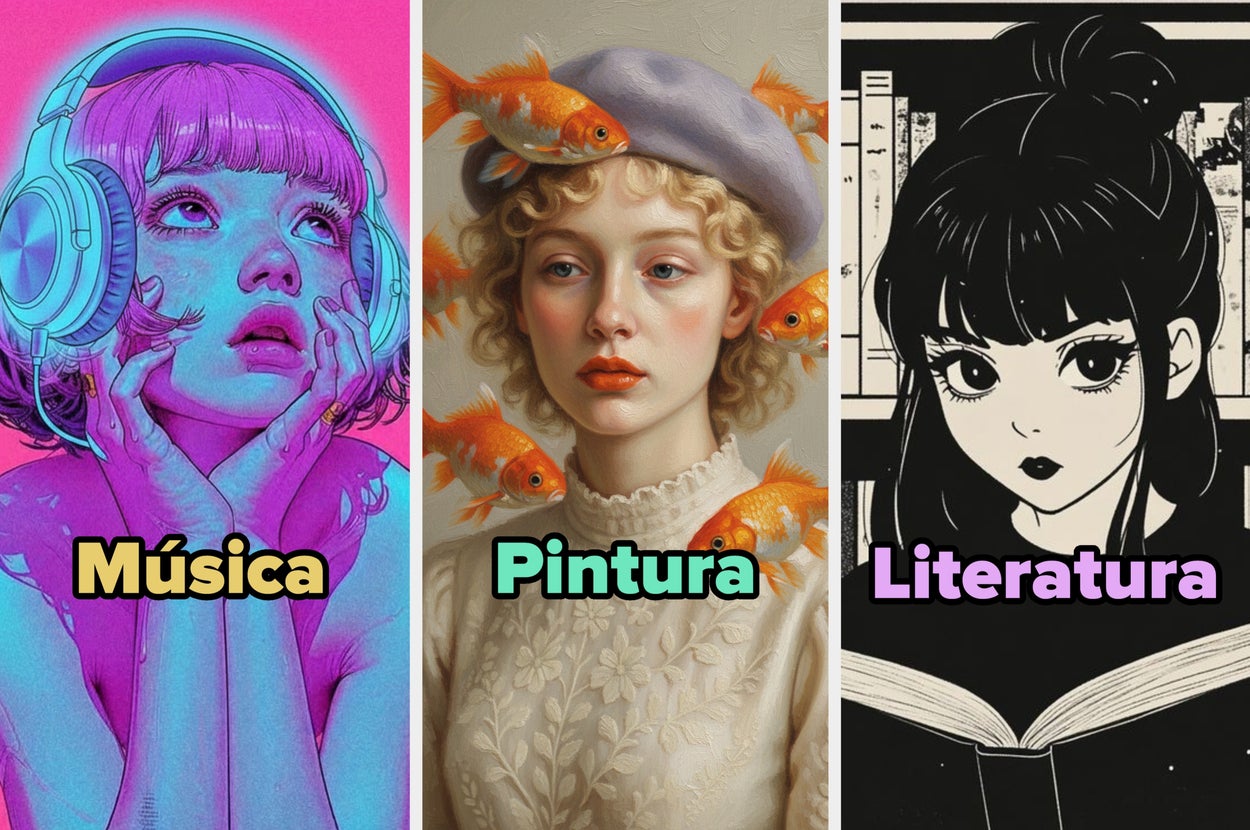 Tres imágenes de estilo artístico: persona con auriculares, persona con peces dorados, y dibujo de mujer con libro. Texto: "Música, Pintura, Literatura"