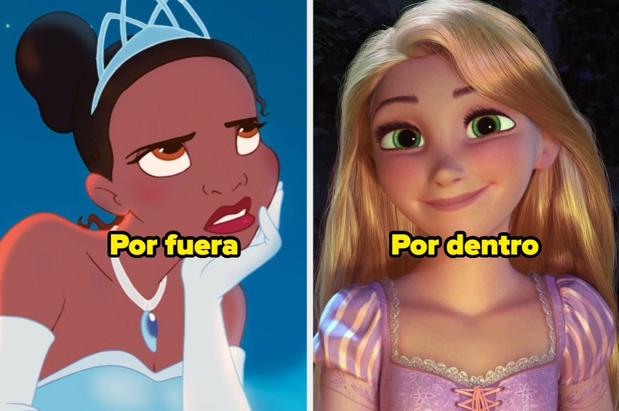 Dos personajes animados: a la izquierda, princesa con expresión cansada; a la derecha, princesa sonriente. Texto: "Por fuera" y "Por dentro"