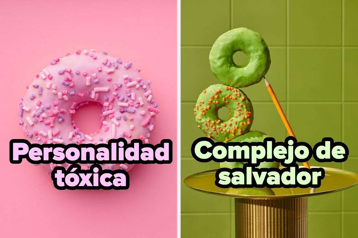 Donut rosa con chispas y texto "Personalidad tóxica". Donuts verdes apilados equilibradamente con texto "Complejo de salvador"