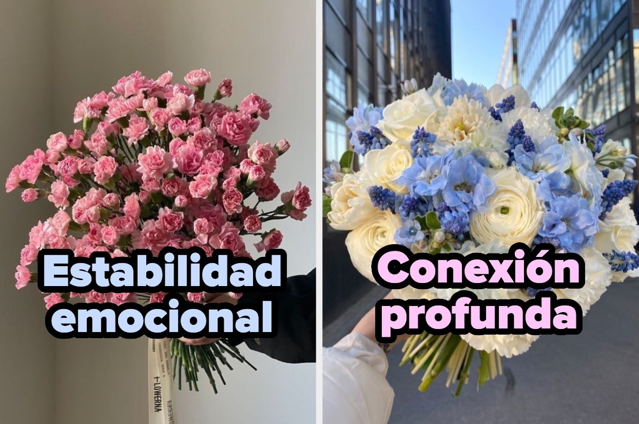A la izquierda, ramo de flores rosas etiquetado "Estabilidad emocional". A la derecha, ramo de flores azules y blancas etiquetado "Conexión profunda"
