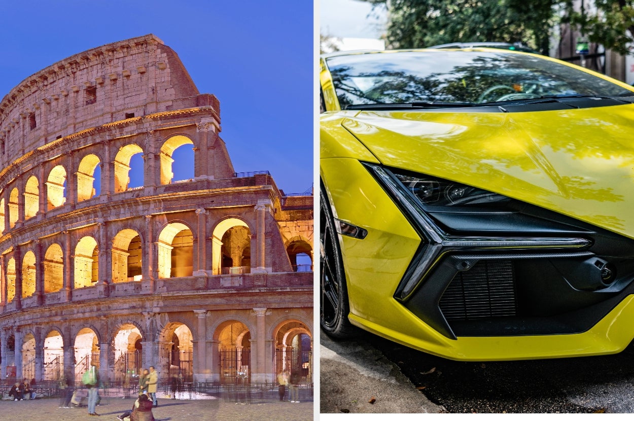 On the left, the Colosseum in Rome; on the right, close-up of a yellow sports car's front facade