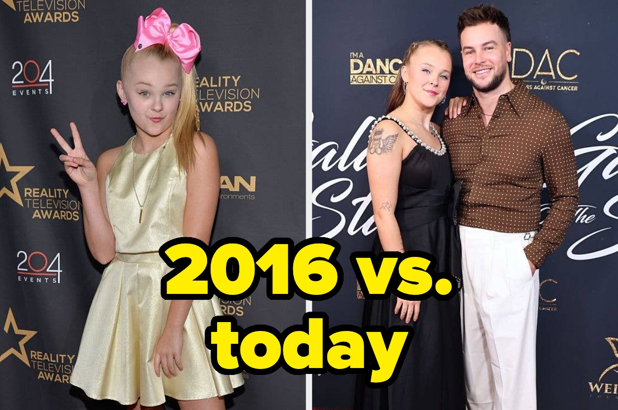 Two side-by-side images of a person: left, wearing a short gold dress with a large bow, right, in a black gown with a person in a brown outfit. Text: "2016 vs. today"