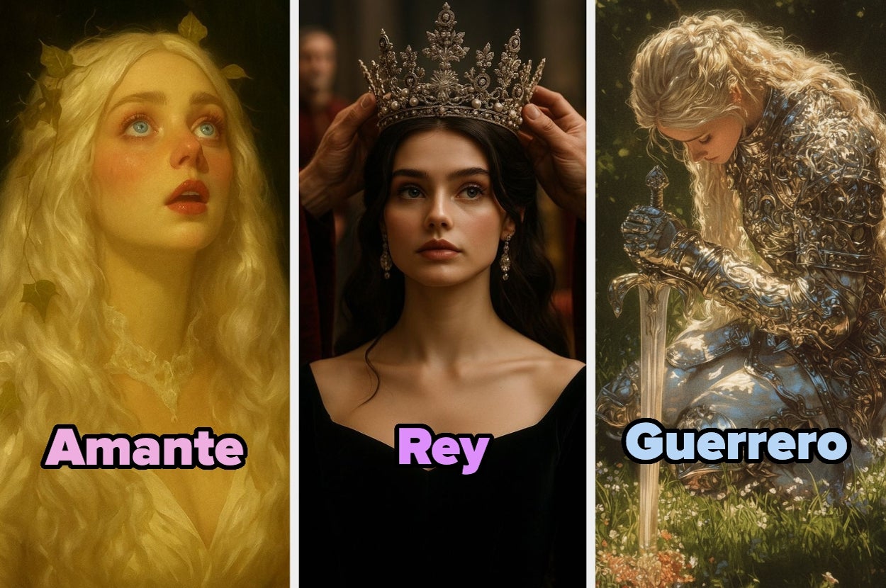 Collage de tres personajes: una mujer romántica, un monarca recibiendo una corona y un guerrero con armadura junto a una espada
