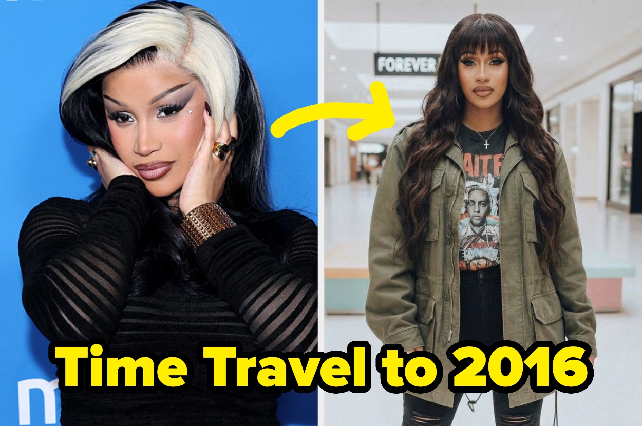 Two side-by-side images; left shows Cardi B in glamorous attire on a red carpet, right shows them casually dressed in a jacket and graphic T-shirt. "Time Travel to 2016" text