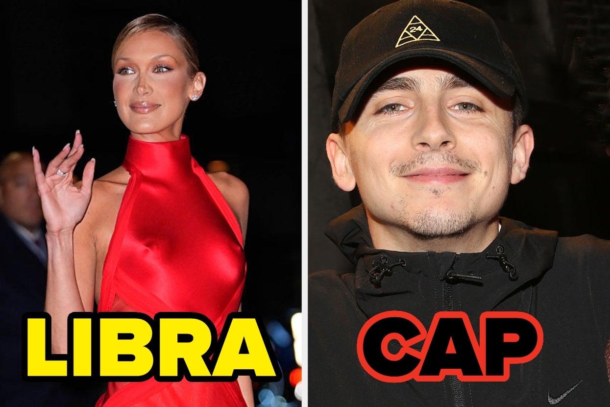 Split image: Left, a woman in an elegant sleeveless gown labeled "Libra." Right, a man in casual wear and cap labeled "Cap."