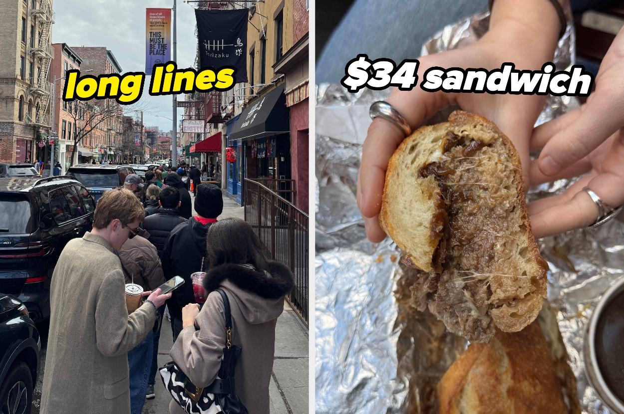 Long line of people outside a deli; close-up of a hand holding half a sandwich labeled "$34 sandwich."