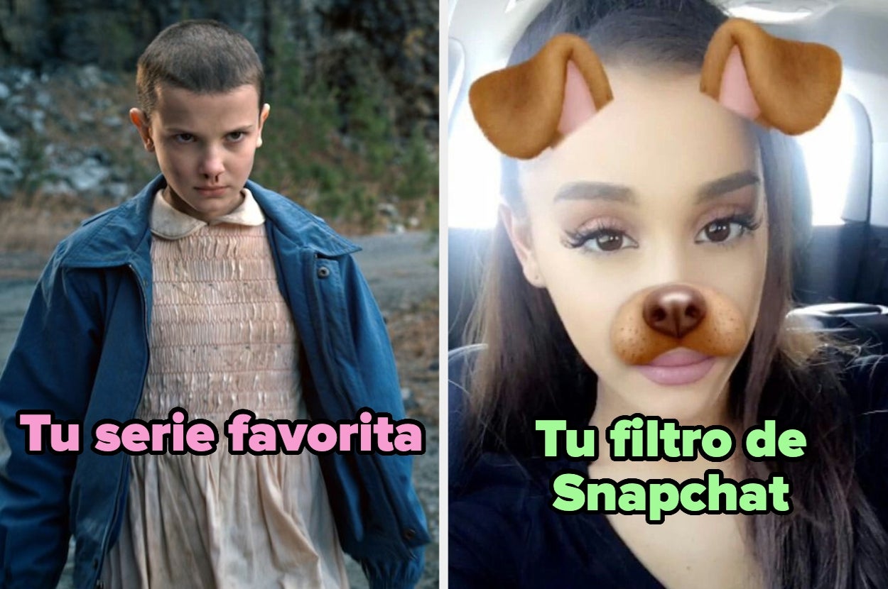 Imagen dividida: a la izquierda, niña en vestido y chaqueta; a la derecha, mujer con filtro de perro y orejas de Snapchat. Texto: "Tu serie favorita" y "Tu filtro de Snapchat"