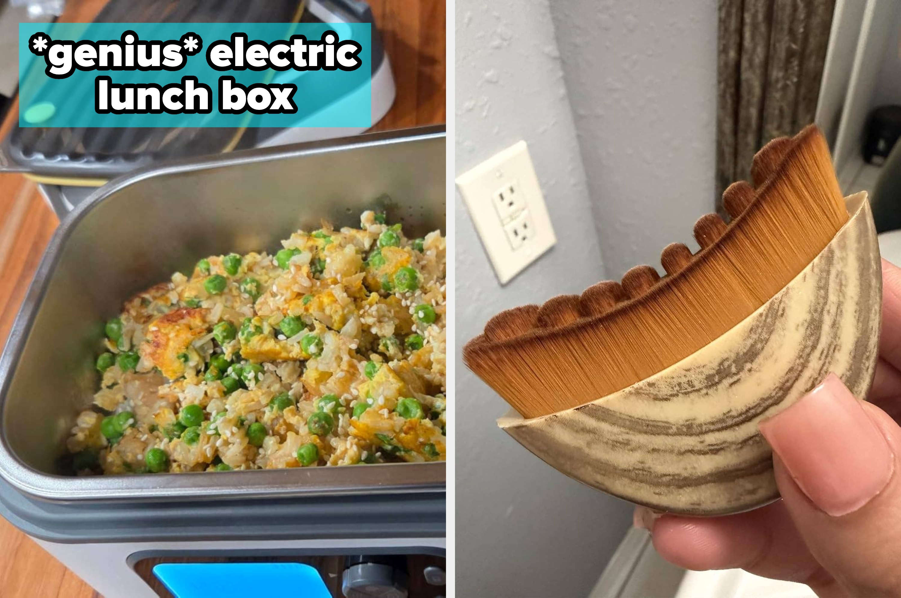 left: electric lunchbox with fried rice inside and text "*genius* electric lunchbox"; right: reviewer holding a contoured lymphatic drainage brush