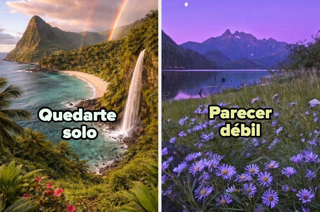 A split image shows a tropical beach with "Quedarte solo" and a purple mountain scene with "Parecer débil" text