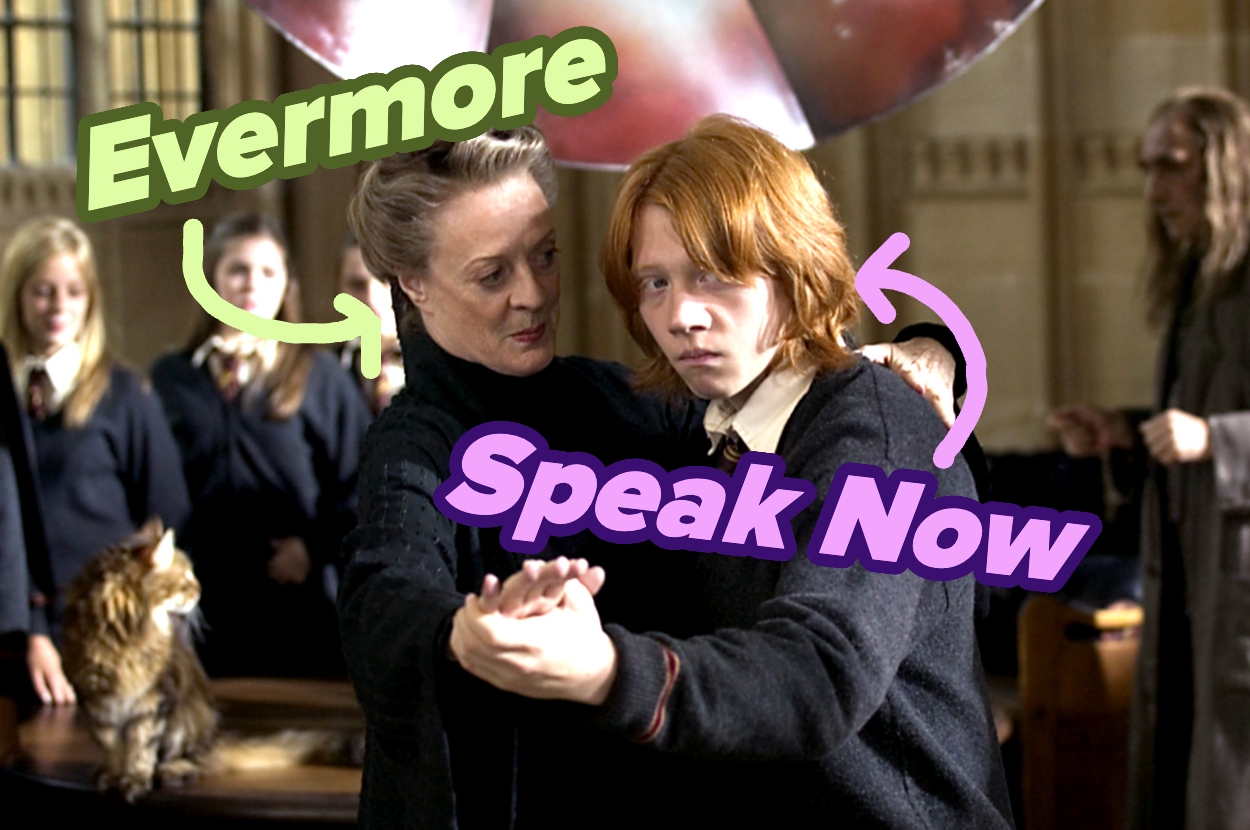 McGonagall and Ron dance awkwardly in a classroom setting. Arrows label them as "Evermore" and "Speak Now."