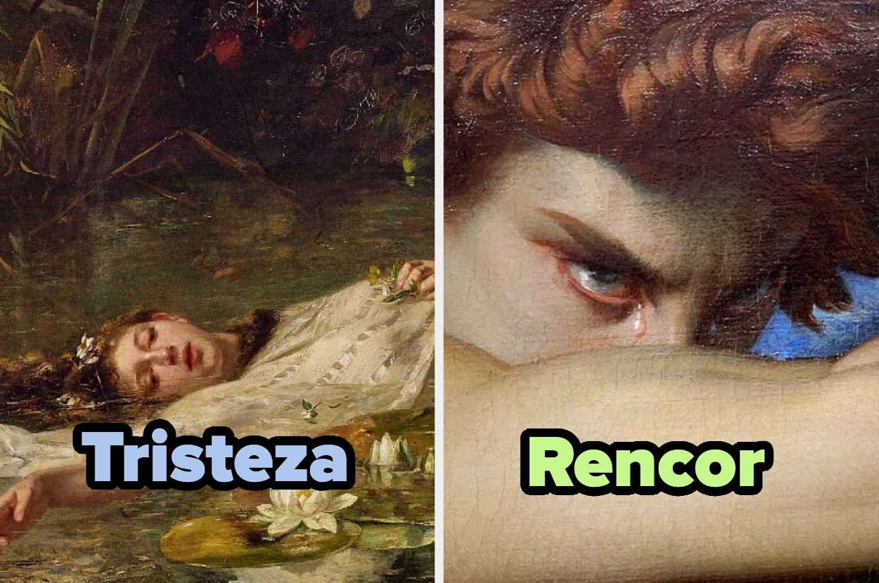 Two painting details: Left, a woman lying with "Tristeza" text; right, a figure with intense gaze labeled "Rencor."