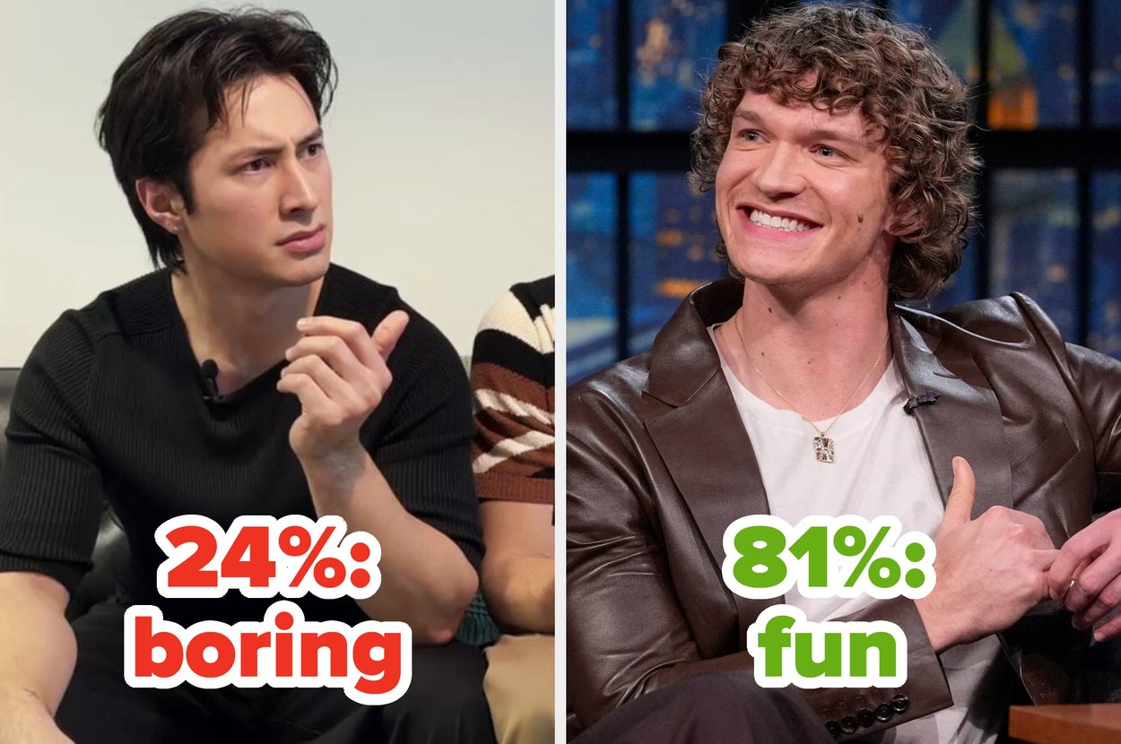 Split image: Man on left in casual attire labeled "boring," man on right in leather jacket smiling labeled "fun."