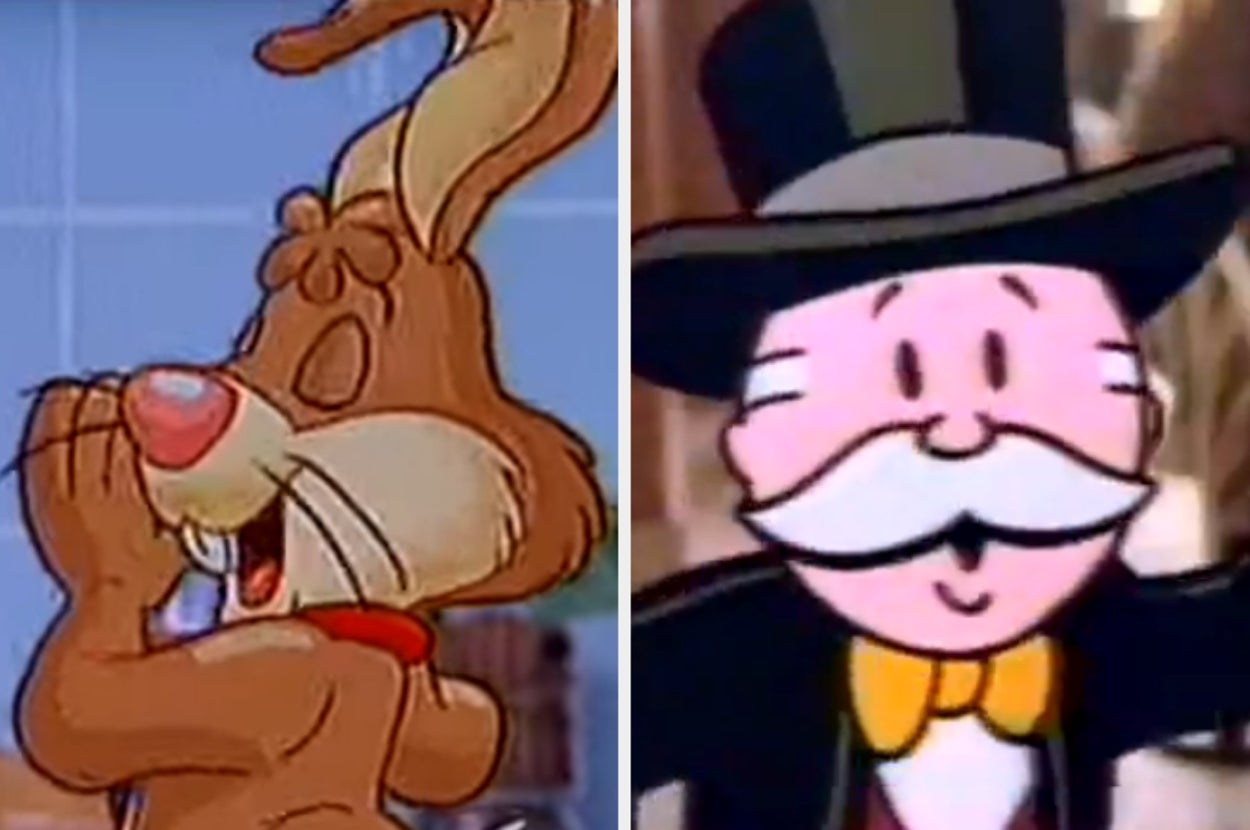 Animated rabbit with a collar covers ears; cartoon character with a top hat and monocle gestures cheerfully over a split background