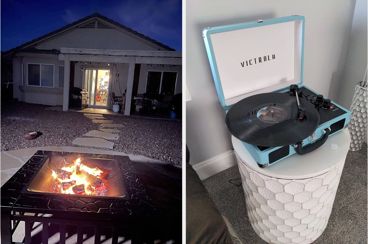 Left: Outdoor fire pit in front of a house at night. Right: Turntable playing a vinyl record in a cozy indoor setting