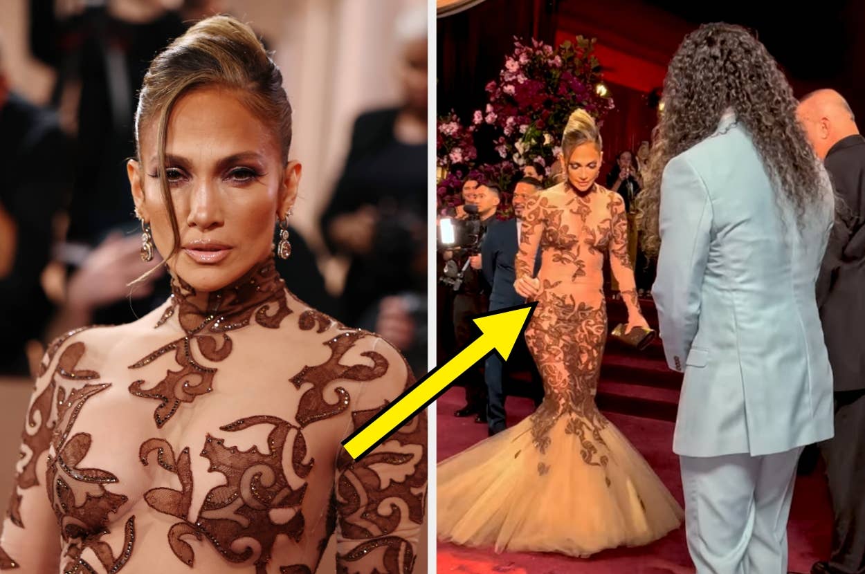 Left: Jennifer Lopez at the Golden Globes. Right: J.Lo next to Glambot cameraman Cole Walliser, looking down