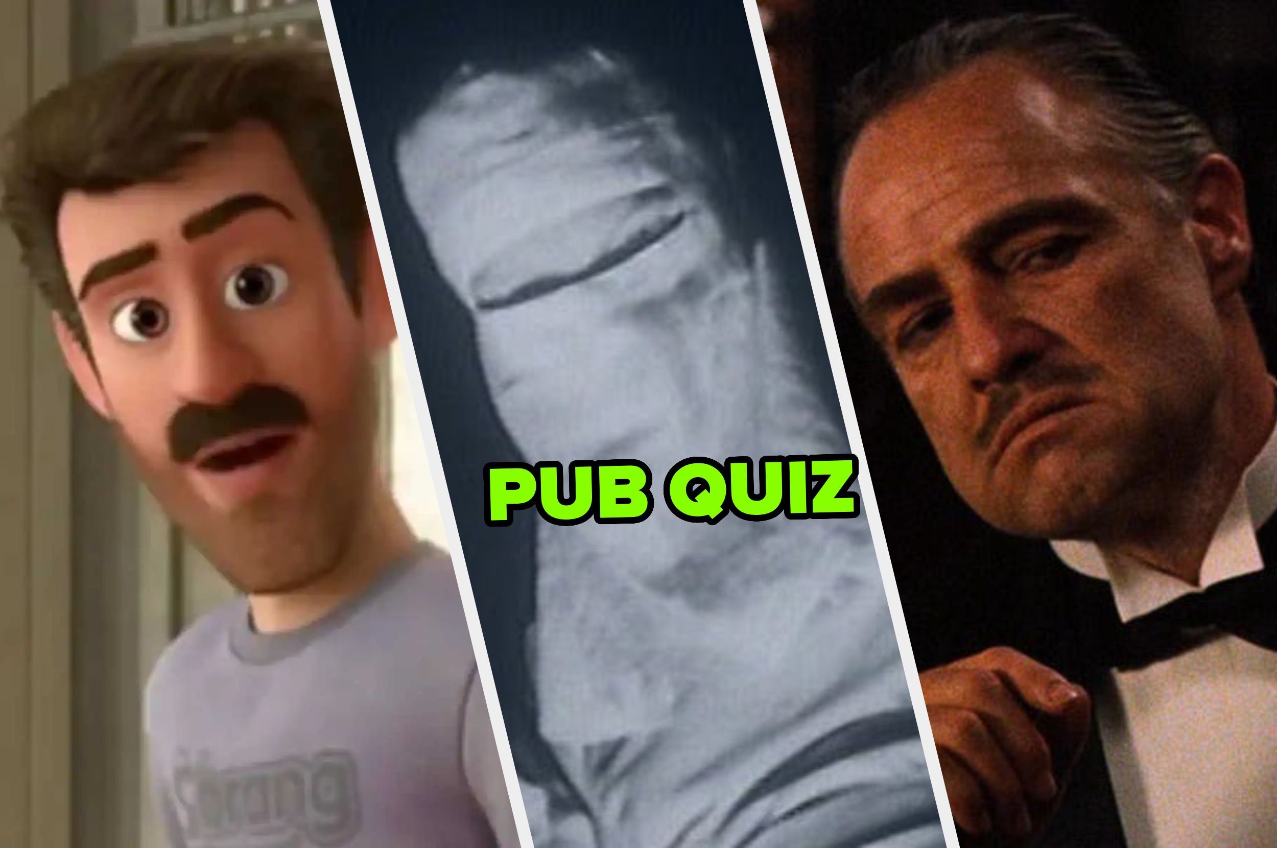 Three images: Animated man, a blurred object with "PUB QUIZ" text, and a man in a tuxedo with a stern expression