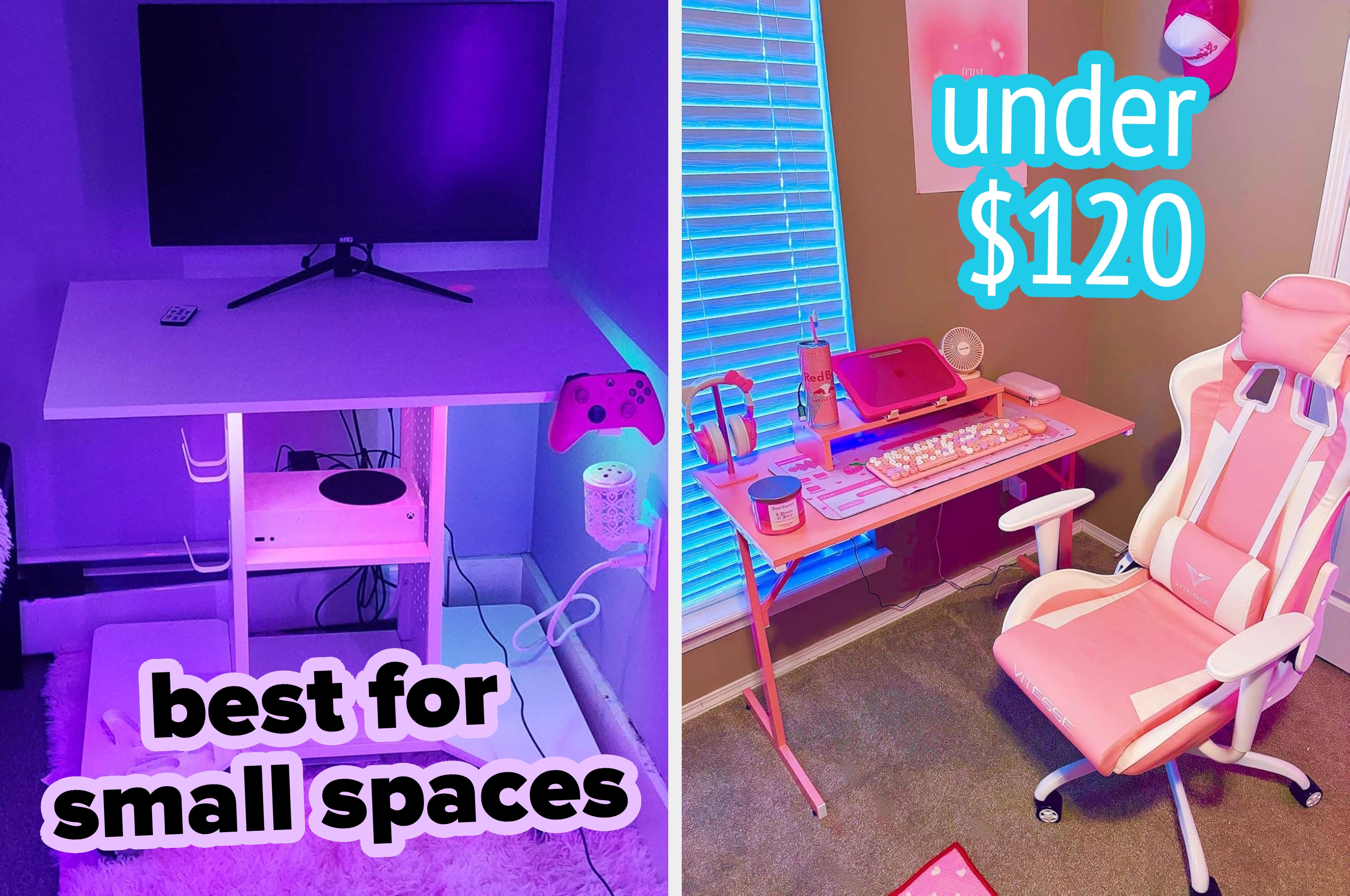 Two gaming setups: one with a stand-up desk labeled "best for small spaces," and a pink desk with chair labeled "under $120."